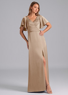 Azazie Ambrosia Bridesmaid Dresses Taupe A-Line Pleated Stretch Satin Dress image4