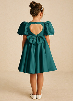 Azazie Muffin Blumenmädchenkleider A-Linie mit ärmel Matte Satin Kleid Pfau image1