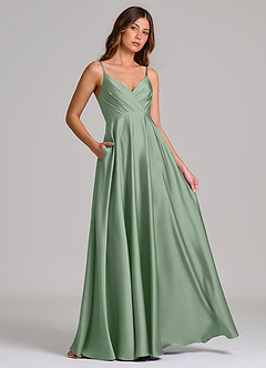 Azazie Amani At-home Try On Dresses Dusty Blue A-Line Pleated Stretch Satin Dress image4