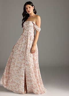 Azazie Chrysanta Final Sale Pink Fern Floral A-Line Off the Shoulder Chiffon Convertible Dress image4