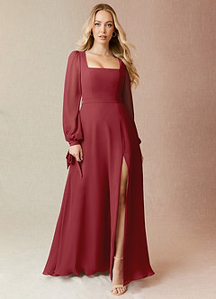 Azazie Leonia Bridesmaid Dresses Pomegranate A-Line Long Sleeve Chiffon Dress image3