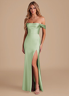 Azazie Saige Bridesmaid Dresses Dusty Sage A-Line Off the Shoulder Metallic Satin Convertible Dress image1