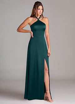 Azazie Elliana Bridesmaid Dresses Pine A-Line Side Slit Stretch Satin Dress image3