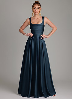 Azazie Azaria Brautjungfernkleider A-Linie Korsett Stretch-Satin Kleid Dunkelmarine image1