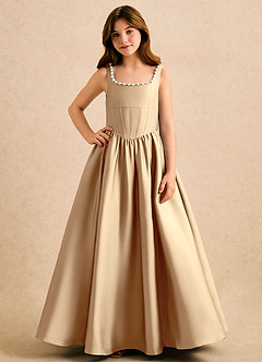 Azazie Enid Girls Formal Blomsterpigekjoler A-Line Perlebesat Stræk satin Gulv-længde Kjole image4