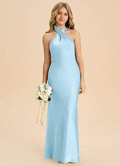 Azazie Chickie Junior Vestido de Azul Cielo de Satén Elástico de Corte Recto con Plisado image3