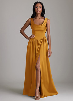 Azazie Novi Bridesmaid Dresses Butterscotch A-Line with Pockets Stretch Satin Dress image1
