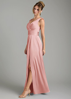 Azazie Karina Bridesmaid Dresses Powder Pink A-Line Pleated Stretch Satin Dress image3