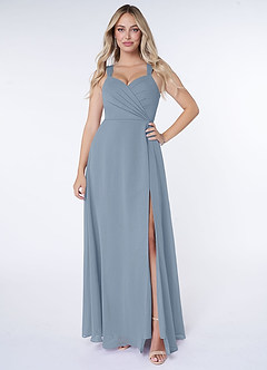 Azazie Nahrin Bridesmaid Dresses Dusty Blue A-Line V-Neck Pleated Chiffon Dress image1