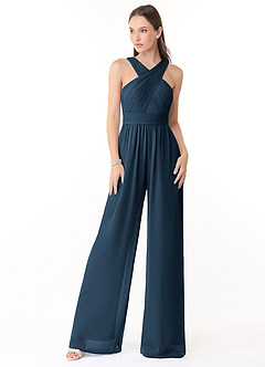 Azazie Berdie Abiti da Damigella Tuta in Chiffon con Scollo Halter Marino Scuro image1