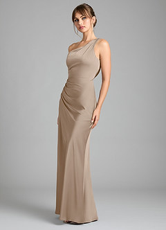 Azazie Madelyn Bridesmaid Dresses Taupe Mermaid One Shoulder Stretch Satin Convertible Dress image6
