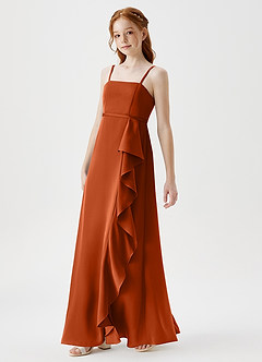 Azazie Kaylee Junior Burnt Orange A-Line with Belt Stretch Satin Dress image4