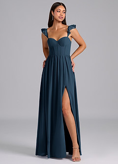 Azazie Denisse Robes de demoiselle d'honneur Robe Trapèze en Mousseline de soie Drapé Bleu Marine Foncé image1