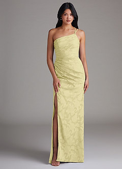 Azazie Eren Bridesmaid Dresses Lemon Sorbet Sheath One Shoulder Floral Burnout Dress image1