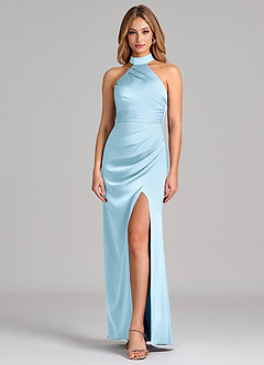 Azazie Karlotta 신부 들러리 드레스 쉬스 주름진 스트레치 새틴 바닥 길이 드레스 image1