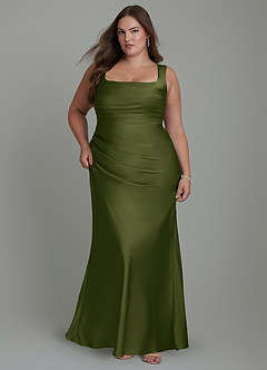 Azazie Agustina Vestidos de damas de honor Vestido Oliva Brillante de Satén Elástico de Corte Sirena con Corsé image9