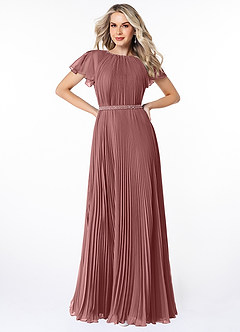 Azazie Kara Modest Bridesmaid Dresses A-Line Pleated Chiffon Floor-Length Dress image1