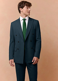 front Collins Teal Double Breasted Wool Blend Suit Jacket