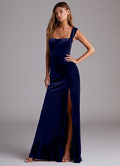 Azazie Junia Jurken voor bruidsmeisjes Converteerbaar Jurk van flueel met Kolom Off the Shoulder Donkere Marine image4