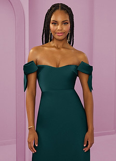 Barbie ♥ Azazie Jurken voor bruidsmeisjes Converteerbaar Jurk van Stretch Satijn met Kolom Off the Shoulder Pijnboom image5