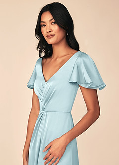 Azazie Soren Bridesmaid Dresses Cloud Blue A-Line Pleated Stretch Satin Dress image7