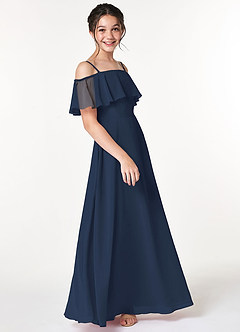 Azazie Maggie Junior Dark Navy A-Line Off the Shoulder Chiffon Dress image4