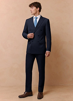front Collins Navy Blue Double Breasted Wool Blend Suit