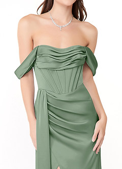 Azazie Amyra Vestidos de damas de honor Vestido de Matcha de Satén Elástico de Corte Recto Convertible con Vestidos sin tirantes image9