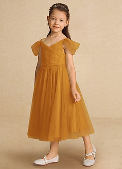 Azazie Lizzette Flower Girl Dresses Butterscotch A-Line Ruched Tulle Dress image5