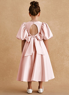 Azazie Sugarplum Flower Girl Dresses Blushing Pink A-Line with Sleeves Matte Satin Dress image2