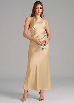 Azazie Evadne Brautjungfernkleider Etui Plissee Stretch-Satin Kleid Gold image3