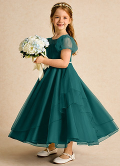 Azazie Duckie Abiti da Ragazza di Fiori Abito Principessa in Tulle Plissettato Verde Pavone image4