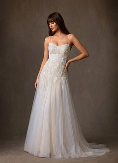 Azazie Lumina At-home Try On Dresses Diamond White Champagne A-Line Sweetheart Neckline Lace Dress image3