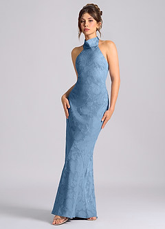 Azazie Velli Bridesmaid Dresses Steel Blue Mermaid High Neck Floral Burnout Dress image1