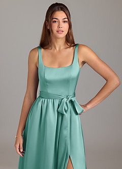 Azazie Elliott Bridesmaid Dresses Aqua A-Line with Pockets Stretch Satin Dress image2