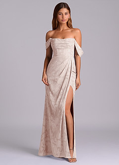 Azazie Johana 신부 들러리 드레스 인어 오프 더 숄더 플로럴 번아웃 바닥 길이 드레스 image3