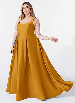 Azazie Neve Vestidos de damas de honor Vestido de Caramelo de Satén Elástico de Corte Princesa con Con bolsillos image9