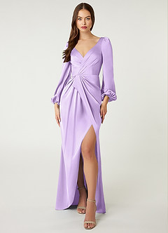 Azazie Mel Bridesmaid Dresses Lilac Sheath Long Sleeve Stretch Satin Dress image1