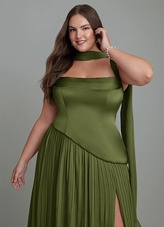 Azazie Stephanie Bridesmaid Dresses Olive A-Line Pleated Stretch Satin Dress image13