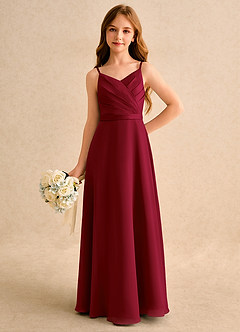 Azazie Umina Girls Formal Blumenmädchenkleider A-Linie Plissee Matte Satin Kleid Burgunderrot image5