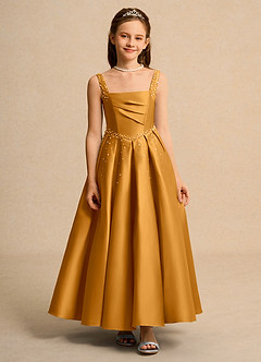 Azazie Mochi Girl Jurken voor bloemenmeisjes Baljurk Jurk van Mat Satijn Geplooid Boterbabbelaar image1