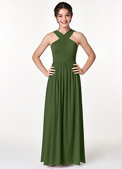 Azazie Jiya Junior Olive A-Line Pleated Mesh Dress image4