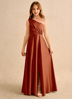 Azazie Puddles Junior Formal Flower Girl Dresses Paprika A-Line One Shoulder Matte Satin Dress image4