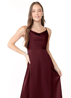 Azazie Naomie Bridesmaid Dresses Cabernet A-Line Cowl Neckline Side Slit Stretch Satin Dress image5