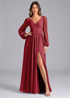 Azazie Zeya Bridesmaid Dresses Pomegranate A-Line Long Sleeve Chiffon Dress image1