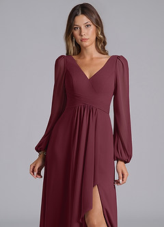 Azazie Liah Abiti da Damigella Abito A-Line in Chiffon Maniche Lunghe Cabernet image6
