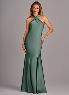 Azazie Lorena Vestidos de damas de honor Vestido de Musgo Marino de Satén Elástico de Corte Sirena con Plisado image4