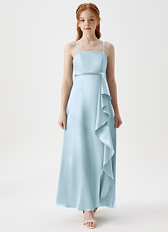 Azazie Kaylee Junior Sky Blue A-Line with Belt Metallic Satin Dress image4