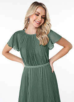 Azazie Kara Bescheiden Bruidsmeisjekleding A-Lijn Geplooid Chiffon Vloerlengte Jurk image5