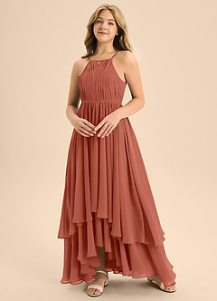 Azazie Elliora Junior A-Linie Plissee Chiffon Kleid Lehm image4